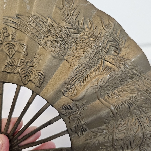 Vintage Brass Bird Crane Phoenix Floral Ornate Fan Decor Accent - Picture 8 of 8